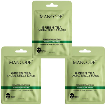 Mancode Green Tea Facial Sheet Mask 25ml Repairs Damaged Skin Purifies & Hydrates Pore Reducing, Brightening and Enhances Daily Glow | Korean Sheet Mask for Men Women Sheet Mask Set Combo Pack of 3